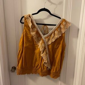 Yellow Lace Trim Sleeveless V-Neck Women's Top
